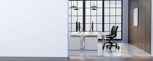 Stylish office with large windows and modern workstations, 3D render illustration. photo