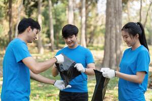 Sustainable Cleaning and Volunteering. A group of enthusiastic volunteers work together, collecting litter in a peaceful park setting. photo