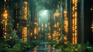 futuristic energetic scenery with green plants and yellow glowing light, abstract digital space with technological elements combined with nature luxuriant flora video
