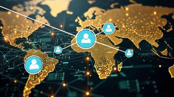 users connecting worldwide through fast internet connection, world map network technology , 3d background with hi tech futuristic world map video