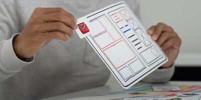 Hands-on UX Design Approach. Dedicated designer focusing on creating layouts with prototype elements. photo