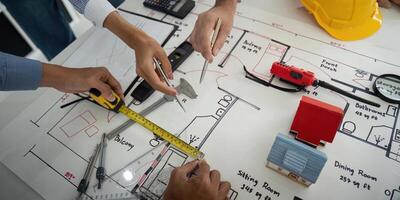 Architecture and Collaboration. Construction team analyzing design blueprints and planning measurements for a building project. photo