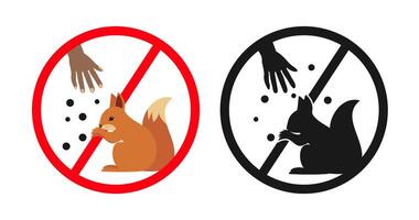 Prohibition sign featuring a squirrel eating seeds from a hand, crossed out with a bold red line. Isolated on a white background, colored or black and white version vector