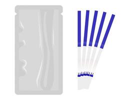 Ovulation test strips arranged in a sequence, indicating a luteinizing hormone - LH - surge, predicting the fertile window for conception, along with their sealed packaging vector