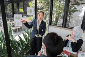 Sustainable Practices and Business Strategies. A professional discussing sustainability solutions in a corporate meeting. photo