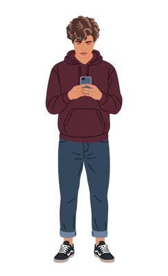Young casual man using smartphone isolated