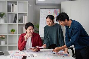 Interactive Design Brainstorming Session. A team engages in lively discussions and sharing ideas for innovative user interface designs. photo