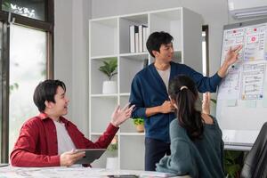 Design Presentation and Team Dynamics. A project leader explaining design concepts on a board. photo