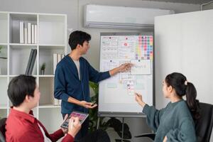 Collaborative Design Session. A team discusses a UI project while analyzing relevant wireframes. photo