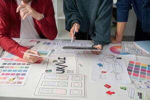 Creative Meeting and UIUX Strategy. Design professionals refining concepts and presentations together. photo