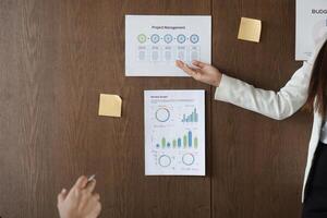 Project Management and Professional Presentation. A business professional explaining project management concepts through detailed charts and graphs. photo