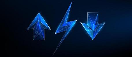 Futuristic Polygonal Up Arrow, Lightning Bolt, and Down Arrow Icons vector