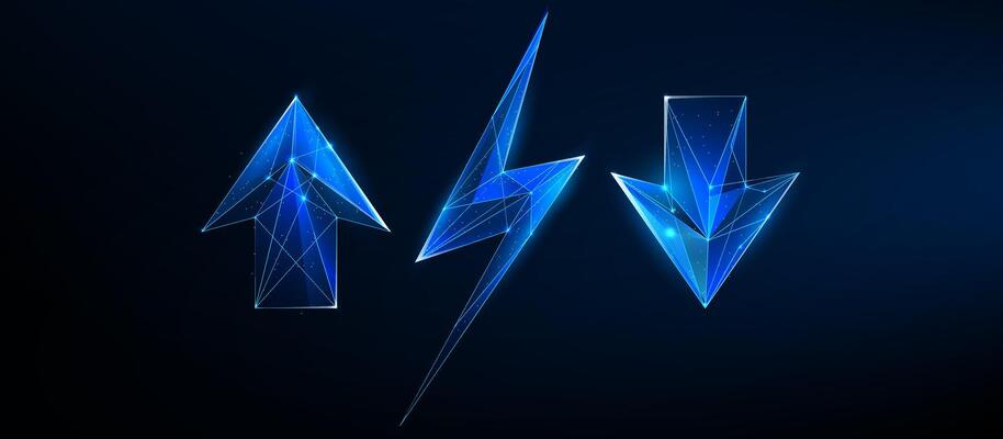 Futuristic Polygonal Up Arrow, Lightning Bolt, and Down Arrow Icons
