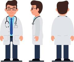 Friendly male doctor in a white coat and stethoscope, showcasing a flat design style in art vector