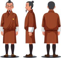 Elderly man in traditional striped robe showcasing multiple angles, featuring flat design and warm tones in detailed art vector