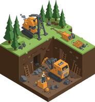 Excavation site featuring heavy machinery and workers in a flat, colorful design style, showcasing mining activities and nature in vibrant art vector