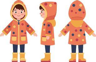 Cheerful child in polka-dotted raincoat and boots, standing in three views, minimal and colorful design, illustration vector