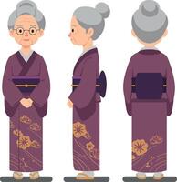 Elderly woman in a traditional kimono, showcasing a flat design style, smiling gently while standing in three poses, illustration vector