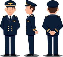 A professional male pilot in a navy blue uniform showcasing a flat design style in three different poses, embodying confidence and readiness, illustration vector