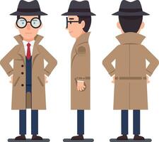 Detective character in a classic trench coat, stylish glasses, and fedora, showcasing a flat illustration of three distinct poses with a confident demeanor and engaging expression vector