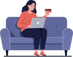 Woman sitting on a blue couch using a laptop while holding a credit card in a minimal illustration vector