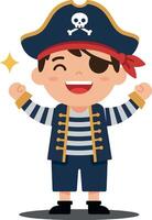 Happy young boy dressed as a pirate in a minimal illustration, celebrating with excitement and joy in a playful setting, showcasing colorful details in art vector