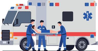 Emergency medical technicians transporting a patient on a stretcher beside a detailed ambulance in a flat illustration vector