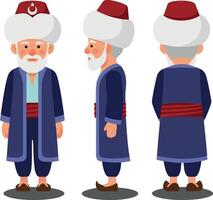 Traditional elderly man wearing blue attire with a red sash and hat in a flat illustration style showcasing cultural heritage and character design in art vector