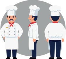 Three friendly chefs in white uniforms and hats showcasing diverse poses, flat design style, cheerful kitchen atmosphere, illustration vector