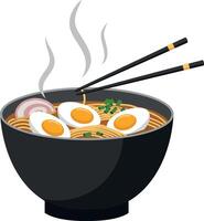 A steaming bowl of ramen with soft-boiled eggs and green onions in a minimalistic style illustration vector