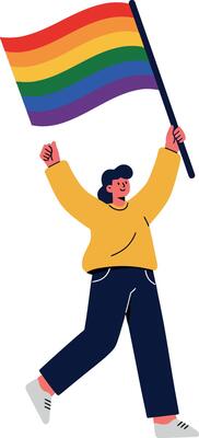 Joyful person waving a vibrant rainbow flag in a flat, colorful style celebrating pride and diversity, illustration