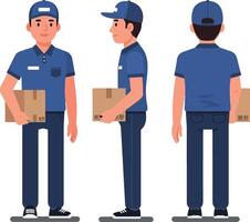 Delivery person in blue uniform holding a cardboard box in various poses, showcasing a minimal illustration style and friendly demeanor, art vector