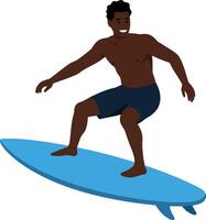 A young man surfing on a blue surfboard in a flat style, showcasing excitement and skill while riding a wave in a sunny atmosphere, illustration vector