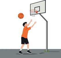 Young boy shooting a basketball towards the hoop in a minimalistic design style showcasing active playfulness in art vector