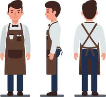 Friendly male barista character wearing a brown apron and bow tie in flat illustration style showcasing multiple angles and expressions of his cheerful demeanor vector
