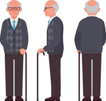 Elderly man with glasses and cane standing in three poses, wearing a patterned sweater and slacks, flat illustration vector