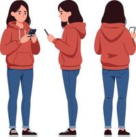 Young woman in casual attire using smartphone, standing in three poses, flat design style, cheerful and modern illustration vector