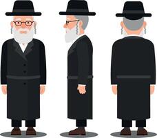 A man dressed in traditional black attire with a beard and glasses shown in a flat illustration style from multiple angles vector