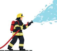 Firefighter in protective gear spraying water from a hose in a flat illustration showcasing bravery and action in a heroic scene art vector