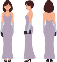 Elegant woman in a lavender evening gown showcasing detailed flat design in three poses, embodying grace and sophistication in illustration vector
