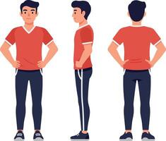 Full-body character design of a young man in casual attire, showcasing multiple angles in a flat illustration vector