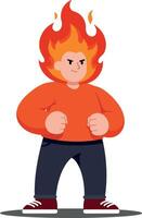 A determined cartoon character with fiery hair in a vibrant orange shirt showcasing strength and confidence in a flat illustration vector