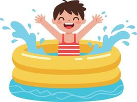 Happy boy splashing joyfully in a bright yellow inflatable pool, flat design art vector