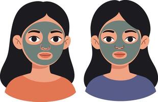 Two women with facial masks engaging in self-care, displaying flat design style in a relaxing atmosphere, illustration vector