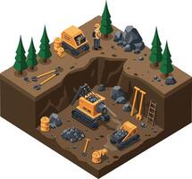 Construction site with heavy machinery and tools in a flat, minimal art style, showcasing a worker operating a digger amidst trees and rocks. vector