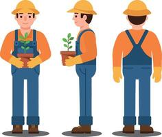 A cheerful gardener wearing a yellow hat and gloves holds a potted plant, illustrated in a flat and colorful art style showcasing different angles of the character. vector