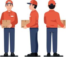 Delivery person in red uniform holding cardboard box in multiple poses, flat illustration showcasing professionalism and service in a dynamic, friendly manner vector