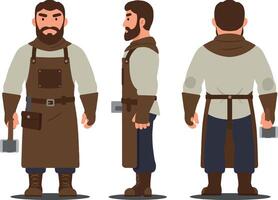 A muscular blacksmith character in flat style showcasing multiple angles, equipped with a hammer and wearing a brown apron, emphasizing craftsmanship and strength in art vector