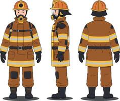 Firefighter in detailed flat art showcasing protective gear from multiple angles in a heroic and determined posture, emphasizing safety and bravery vector