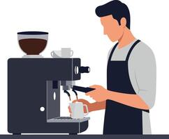 Barista making espresso with a sleek coffee machine in a modern cafe, minimal art. vector